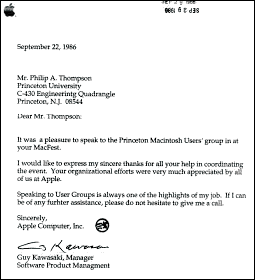 photo of a letter to PMUG from Guy Kawasaki
